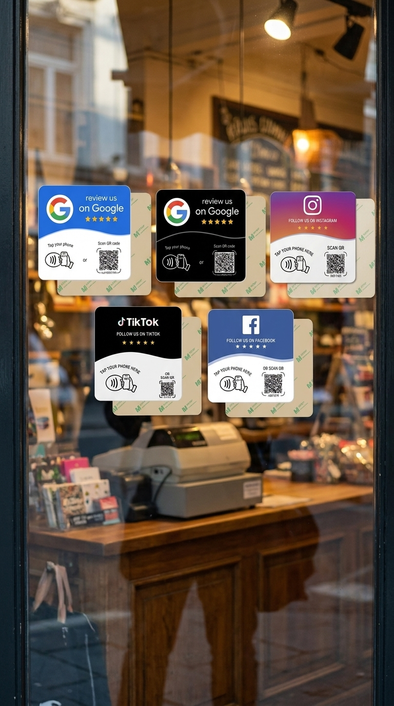 Las 5 tarjetas NFC adhesivas en el escaparate de un negocio