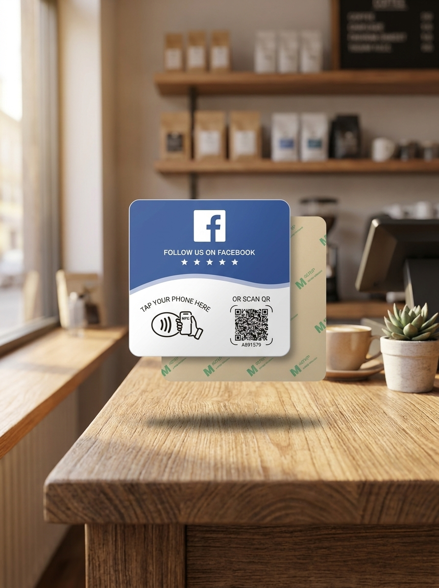 Tarjeta NFC Facebook flotando en mostrador de negocio