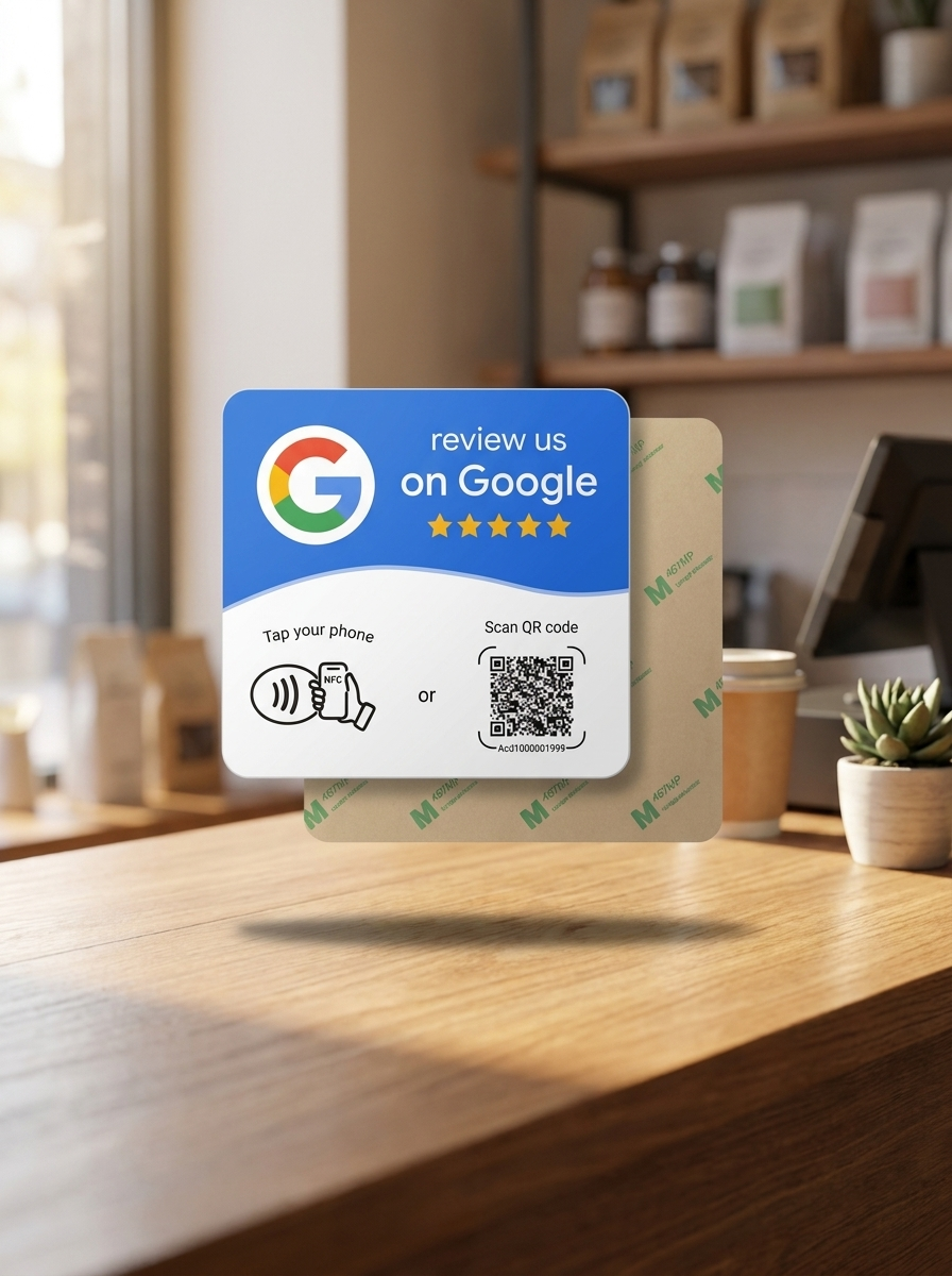 Tarjeta NFC Google Azul flotando en mostrador de negocio