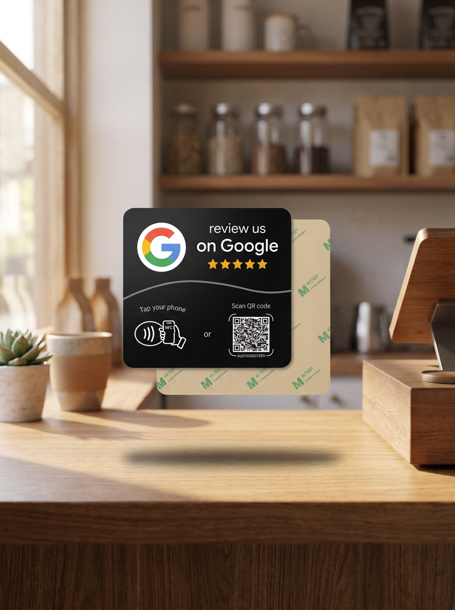 Tarjeta NFC Google Negro flotando en mostrador de negocio