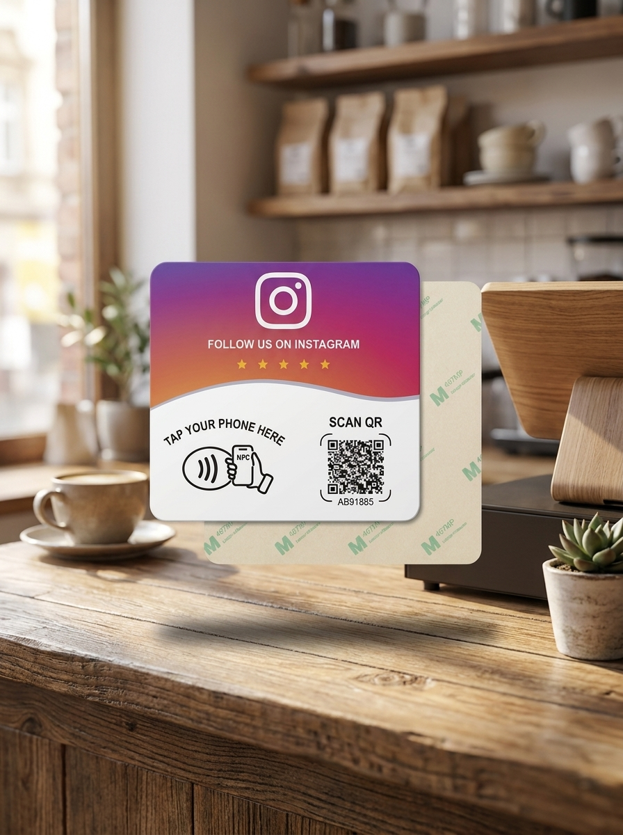 Tarjeta NFC Instagram flotando en mostrador de negocio