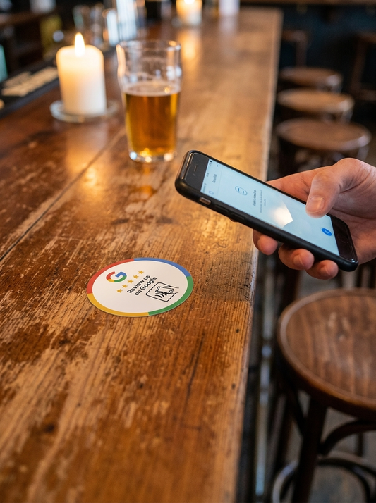 Pegatina NFC en una mesa de bar con móvil acercándose