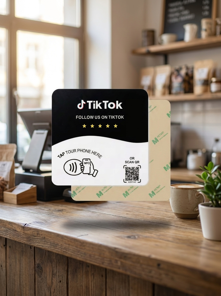 Tarjeta NFC TikTok flotando en mostrador de negocio